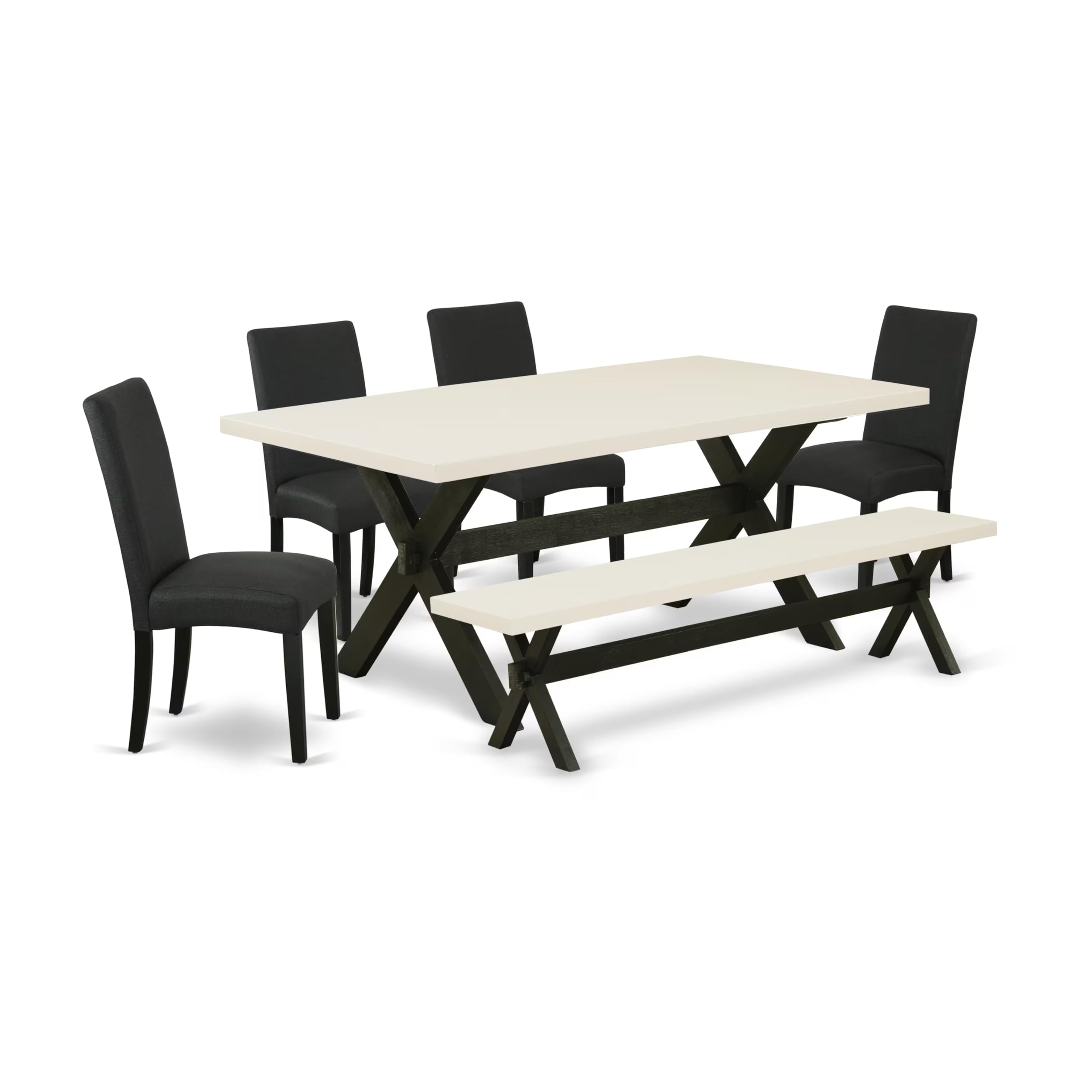 East West Furniture X627Dr124-6 6 Piece Dining Table Set Contains A Rectangle Wooden Table With X-Legs And 4 Black Color Linen Fabric Parson Chairs With A Bench, 40X72 Inch, Multi-Color